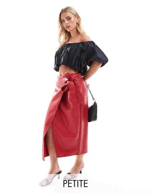 Never Fully Dressed Petite Leather Look Jaspre Midi Skirt in Red