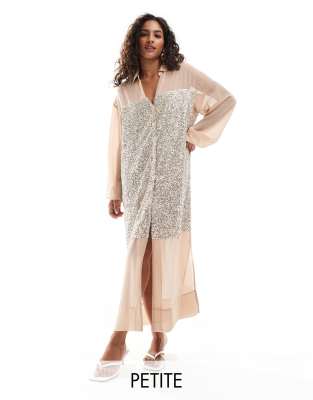 Never Fully Dressed Petite Lila sequin shirt midaxi dress in silver