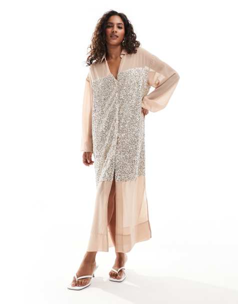 Never Fully Dressed Petite Lila sequin shirt midaxi dress in silver