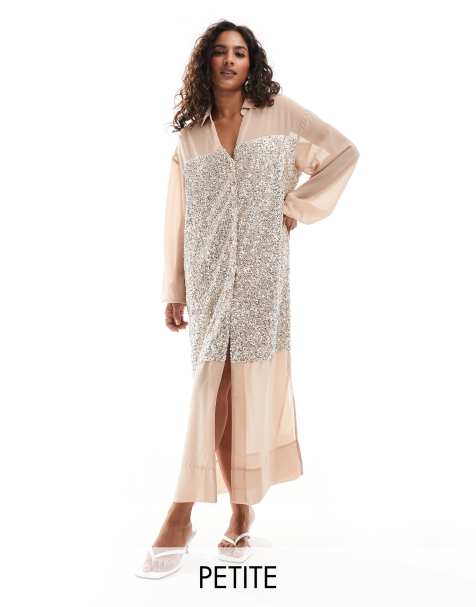 Never Fully Dressed Petite – Lila – Srebrna sukienka koszulowa midaxi z cekinami - view 1