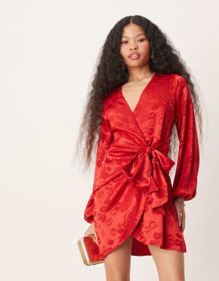 Petite lip embossed satin wrap mini dress in red