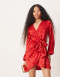 [Never Fully Dressed] Never Fully Dressed Petite lip embossed satin wrap mini dress in red 6 Red