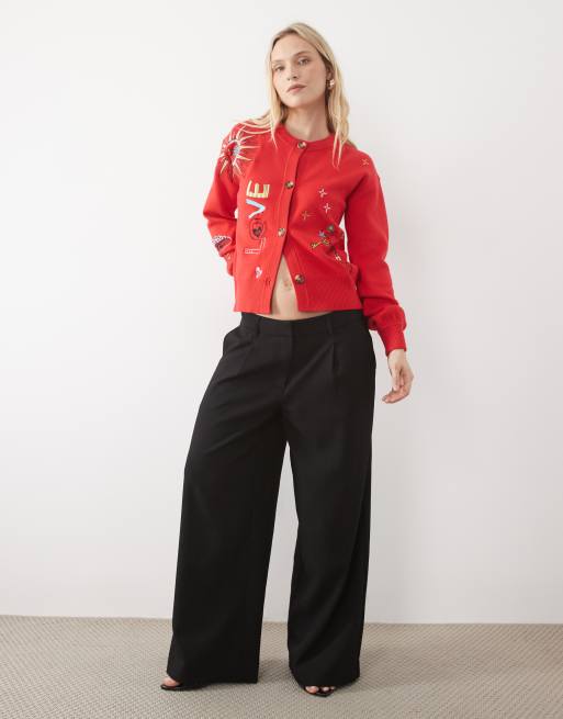 Never Fully Dressed Petite long sleeve button down knit embroidered cardigan in red, 3 of 5