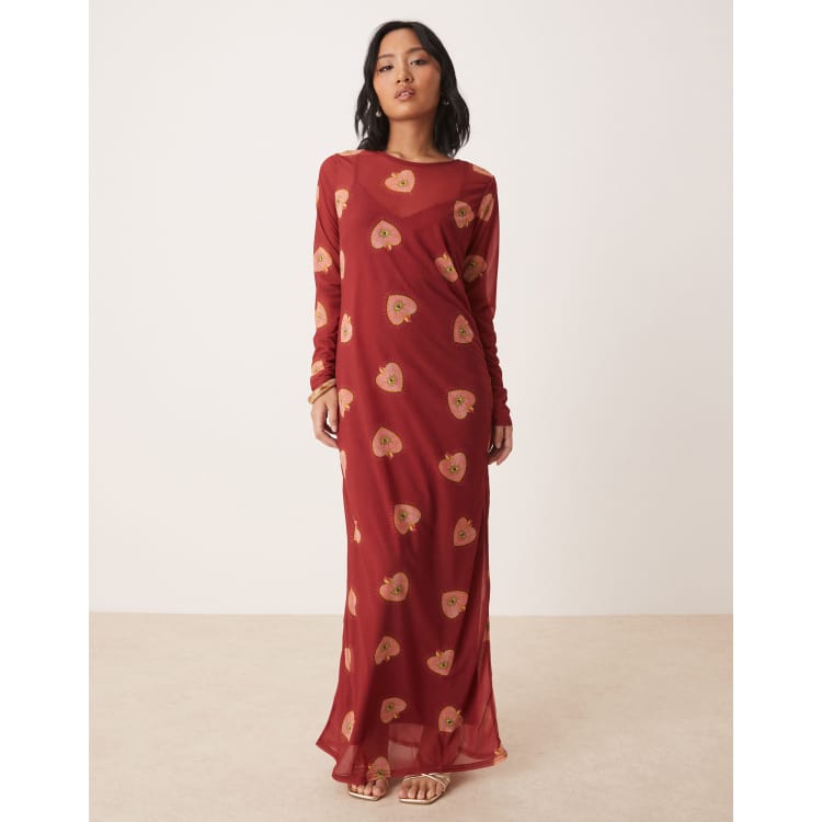 Never Fully Dressed Petite long sleeve heart print mesh maxi dress in burgundy
