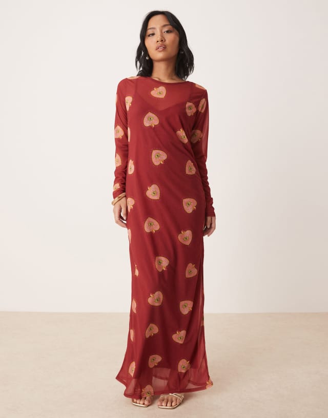 Never Fully Dressed Petite long sleeve heart print mesh maxi dress in burgundy