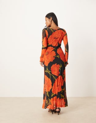 Never Fully Dressed Petite Long Sleeve Mesh Maxi Dress In Multi