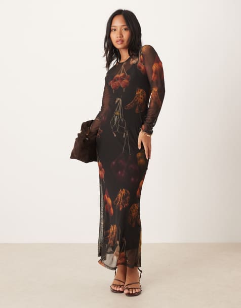 Never Fully Dressed Petite long sleeve mesh midaxi dress in black fruit print - view 1