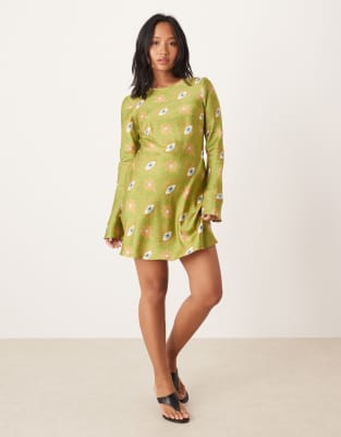 Never Fully Dressed Never Fully Dressed Petite long sleeve mini dress in khaki eye print-Green