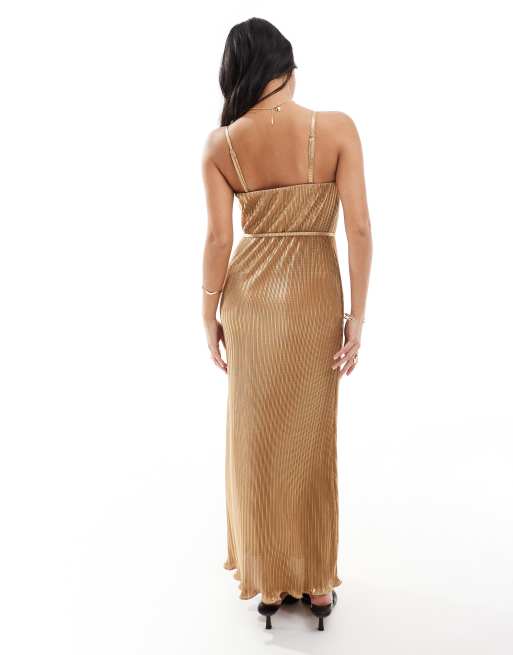 Never Fully Dressed Petite Luna plisse maxi dress in gold | ASOS