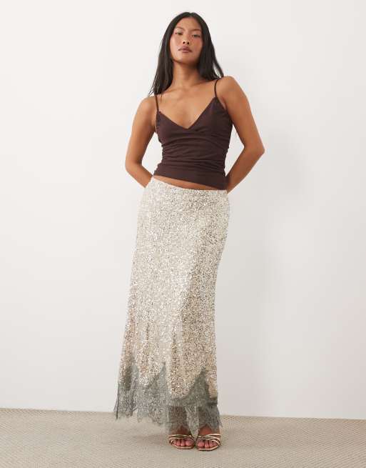 Never Fully Dressed Petite Maeva gonna midi con paillettes e dettagli in pizzo, argento, 1 di 5