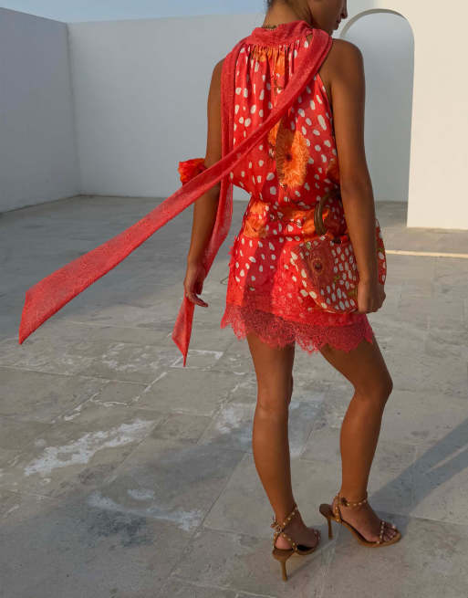 Never Fully Dressed Petite - Maeva - Gonna midi in raso rosa a pois e a fiori con finiture in pizzo, 4 di 4