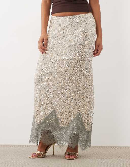 Never Fully Dressed Petite Maeva jupe midi en dentelle à sequins argentée, 3 de 5