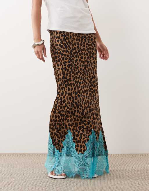 Never Fully Dressed Petite Maeva satin bias maxi skirt with lace detail in leopard print, 2 of 5