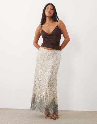 Never Fully Dressed Petite Maeva Sequin Lace Detail Midi Skirt In Silver