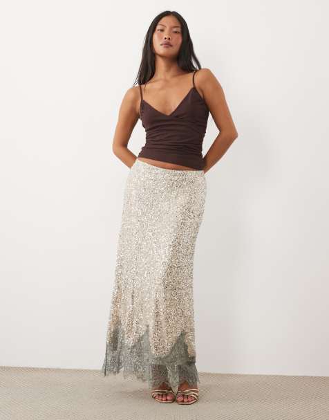 Never Fully Dressed Petite Maeva sequin lace detail midi skirt in silver - view 1