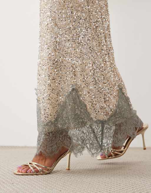 Never Fully Dressed Petite Maeva sequin lace detail midi skirt in silver, 2 of 5