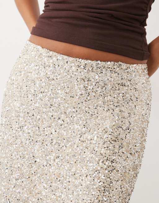 Never Fully Dressed Petite Maeva sequin lace detail midi skirt in silver, 4 of 5