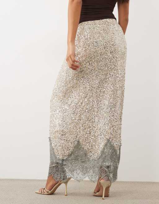 Never Fully Dressed Petite Maeva sequin lace detail midi skirt in silver, 5 of 5