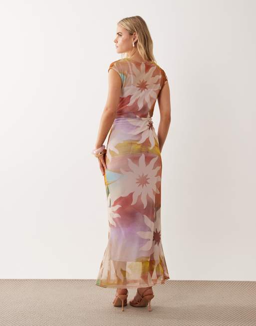 Never Fully Dressed Petite - Maxi jurk van mesh met rechte hals en pastelkleurige zonneprint, 4 van 4