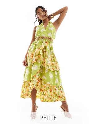 Never Fully Dressed Petite - Maxikleid mit Leoparden-Blumenmuster und farblich abgesetzten Rüschen-Bunt