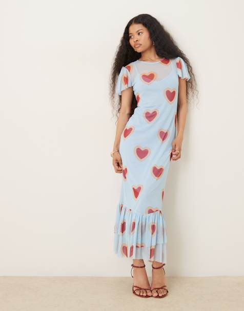 Never Fully Dressed Petite mesh flutter sleeve ruffle hem maxi dress in baby blue heart print