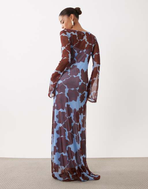 Never Fully Dressed Petite mesh long sleeve crew neck maxi dress in poppy print, 4 of 4