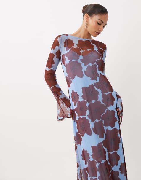 Never Fully Dressed Petite mesh long sleeved crew neck maxi dress in poppy print - view 1