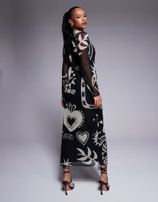 Never Fully Dressed Petite mesh maxi dress in love print | ASOS