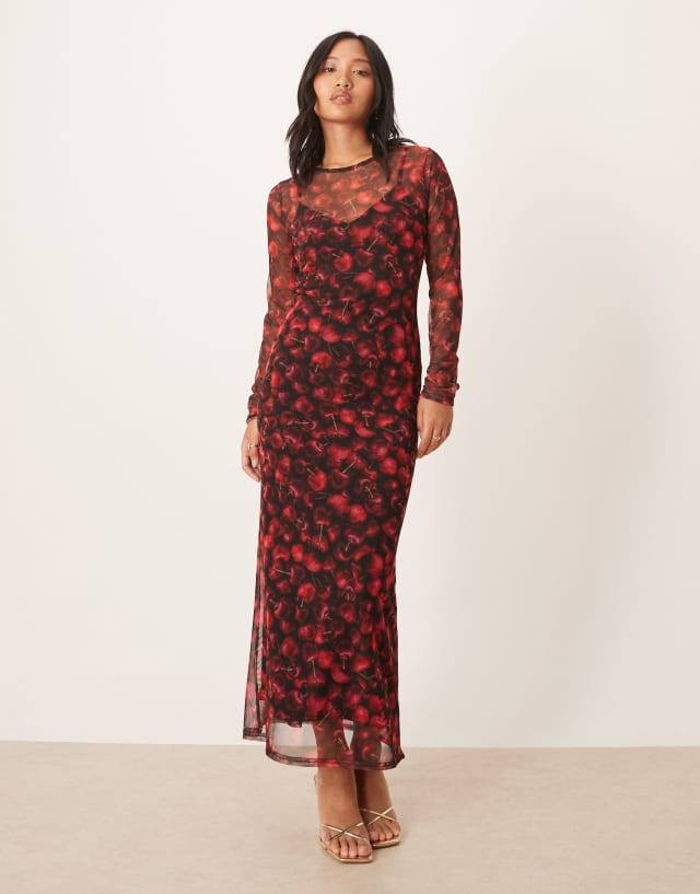 Never Fully Dressed Petite mesh maxi dress in red cherry print | ASOS