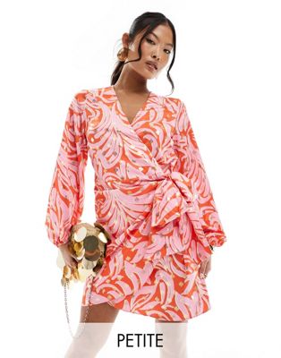 Petite metallic wrap mini dress in pink and orange