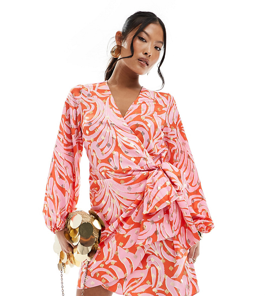 Never Fully Dressed Petite metallic wrap mini dress in pink and orange