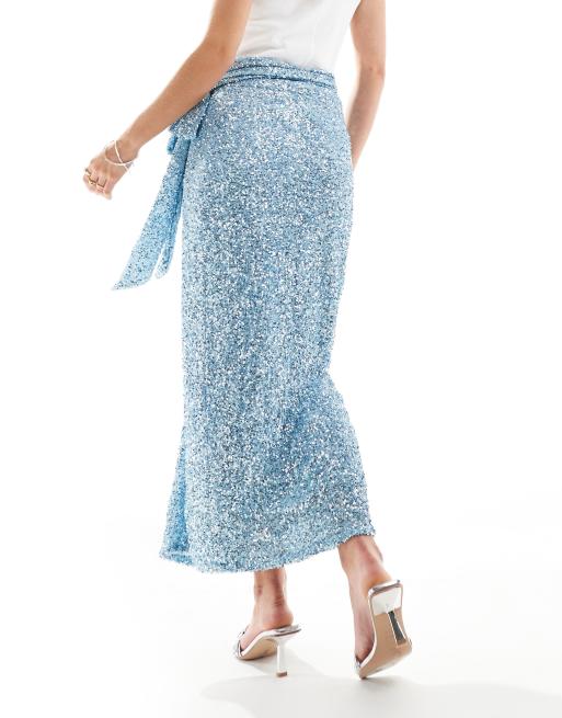 Never Fully Dressed Petite midaxi skirt in pastel blue sequin | ASOS