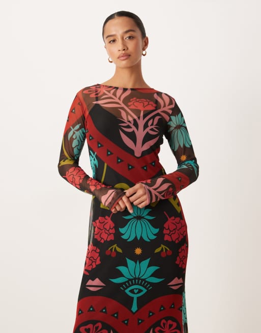 Never Fully Dressed Petite – Midaxikleid aus Netzstoff mit abstraktem Muster in kräftigen Farben, 2 von 4