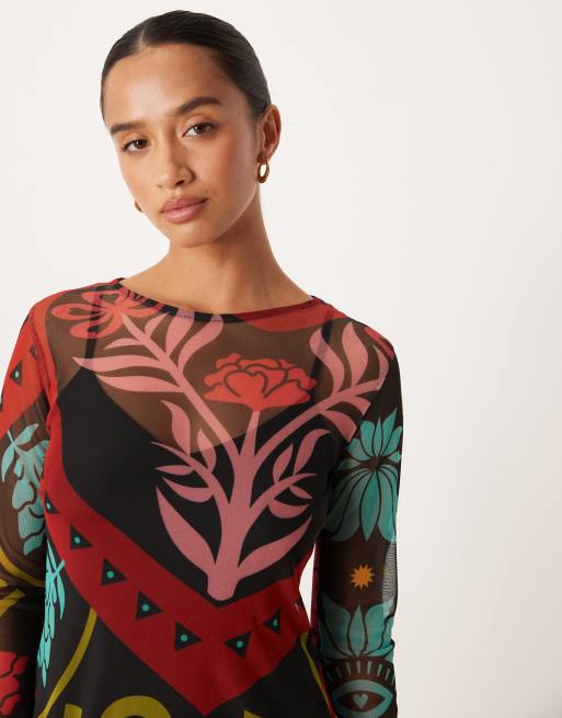 Never Fully Dressed Petite – Midaxikleid aus Netzstoff mit abstraktem Muster in kräftigen Farben, 3 von 4