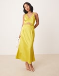 [Never Fully Dressed] Never Fully Dressed Petite Mimi lace cut-out satin midaxi dress in olive-Green 12 Olive