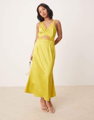 never fully dressed petite mimi lace cut-out satin midaxi dress in olive