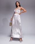 [Never Fully Dressed] Never Fully Dressed Petite Mimi lace cut-out slip maxi dress in silver 12 Silver