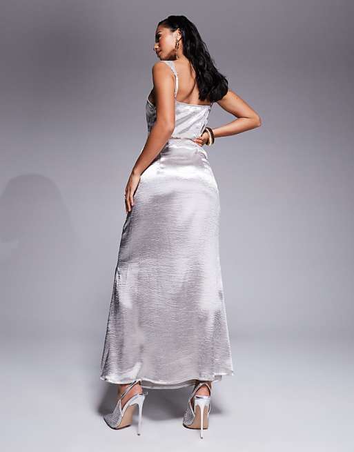 silver slip dress Dazzle Me Slit at right side Never Fully Dressed Petite Mimi