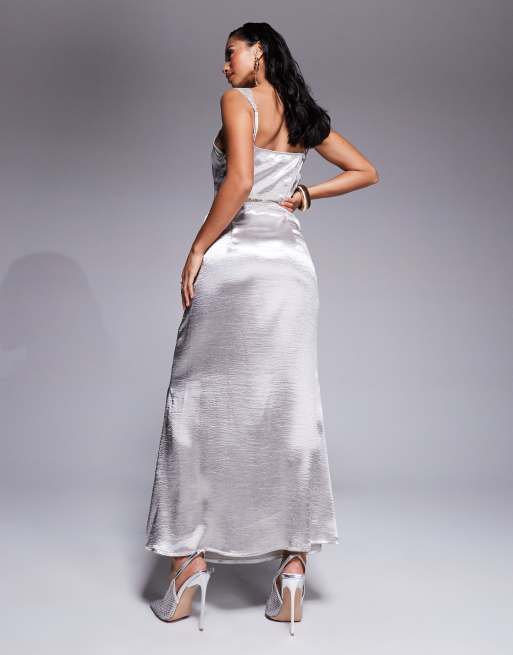 Never Fully Dressed Petite Mimi lace cut-out slip maxi dress in silver |  ASOS