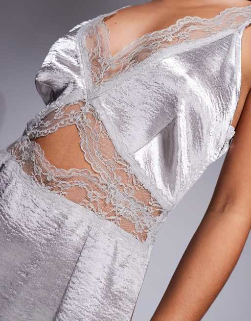 Never Fully Dressed Petite Mimi lace cut-out slip maxi dress in silver, 4 of 4