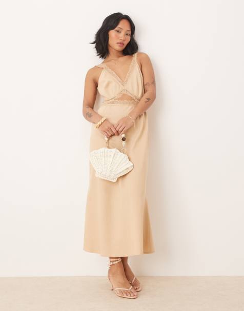 Never Fully Dressed Petite Mimi linen cut-out midaxi dress in oatmeal