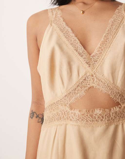 Never Fully Dressed Petite Mimi linen cut-out midaxi dress in oatmeal, 3 of 4