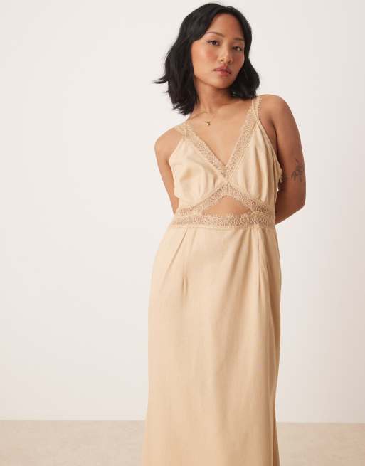 Never Fully Dressed Petite Mimi linen cut-out midaxi dress in oatmeal, 4 of 4
