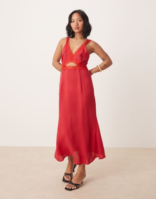 Never Fully Dressed Petite Mimi linen cut-out midaxi dress in red