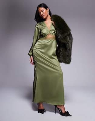 Petite Mimi long sleeve lace cut-out slip maxi dress in olive-Green