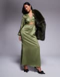 [Never Fully Dressed] Never Fully Dressed Petite Mimi long sleeve lace cut-out slip maxi dress in olive-Green 8 Olive