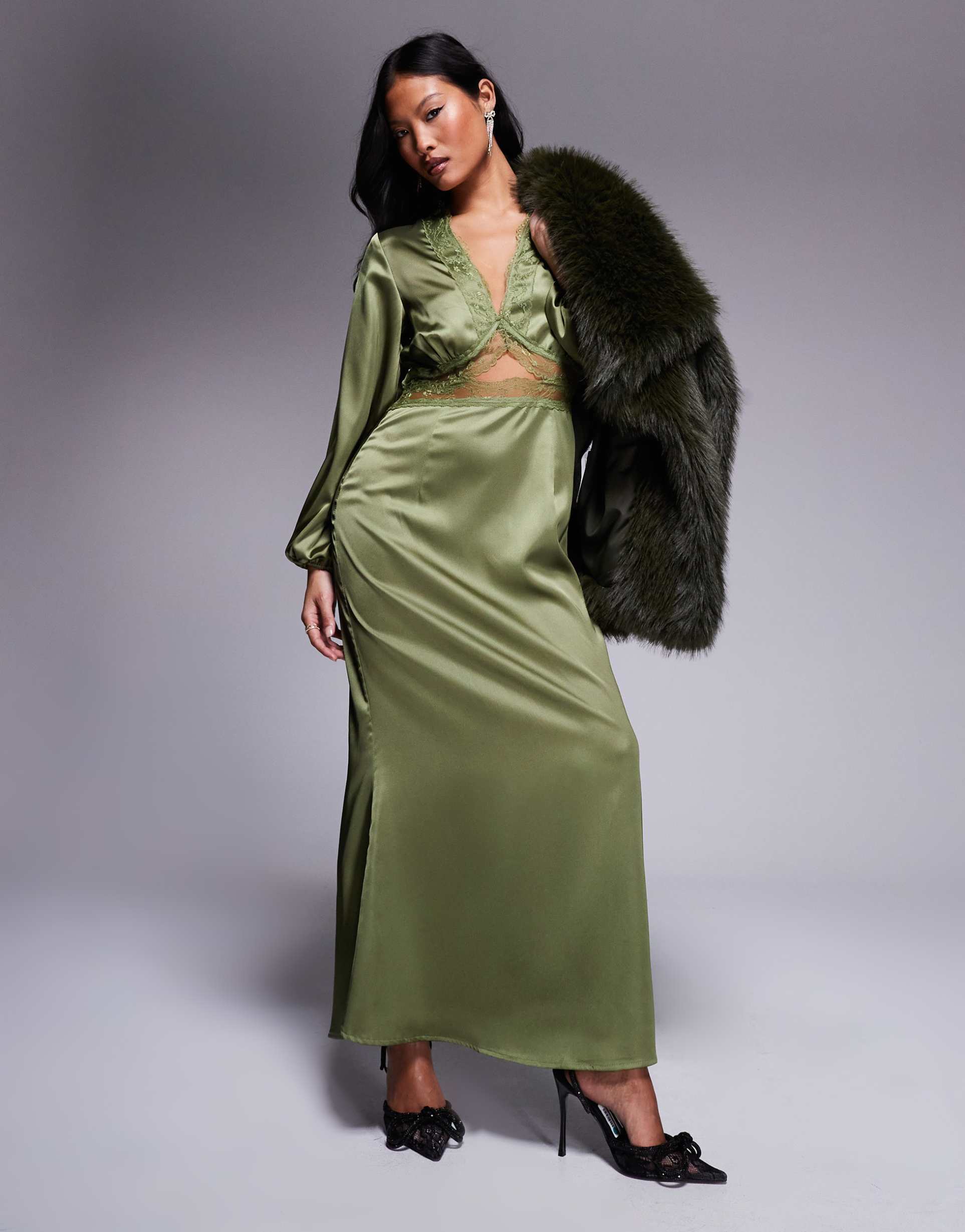 never fully dressed petite mimi long sleeve lace cut-out slip maxi dress in olive