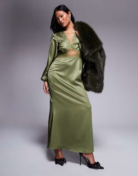 Never Fully Dressed Petite - Mimi - Vestito lungo stile sottoveste a maniche lunghe in pizzo color oliva - view 1