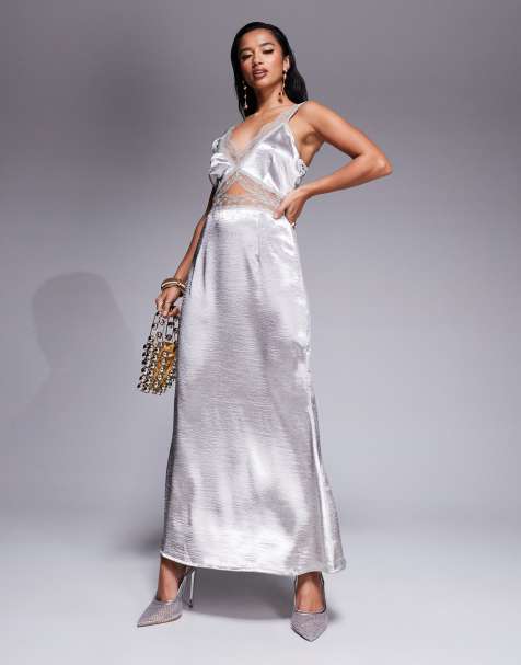 Never Fully Dressed Petite - Mimi - Vestito sottoveste lungo in pizzo argento con cut-out - view 1