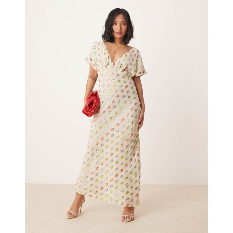 Never Fully Dressed Petite multi-color gold foil maxi dress in cream | ASOS